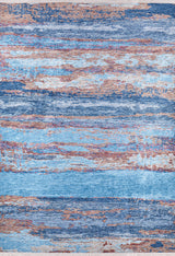 The Abstract Elegance - Machine-Washable Rug JR87 features blue tones with rust and beige streaks, evoking a watercolor seascape. Perfect for high-traffic areas, its layered colors and textured patterns elevate any room.