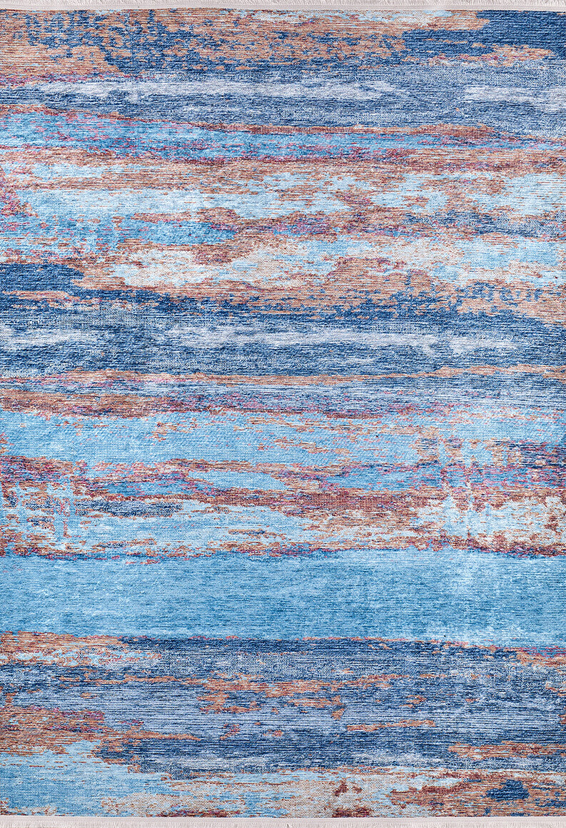 The Abstract Elegance - Machine-Washable Rug JR87 features blue tones with rust and beige streaks, evoking a watercolor seascape. Perfect for high-traffic areas, its layered colors and textured patterns elevate any room.