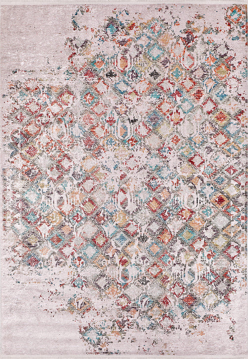 Load image 1 in gallery view. The Aged Mosaic - Washable Rug - JR1096 features a faded, vintage-style geometric pattern in red, blue, gold, and gray on a light beige background with distressed edges for a timeless look.