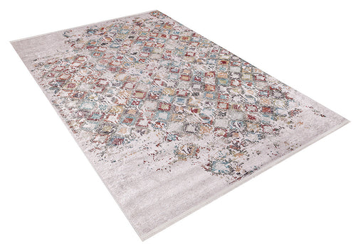 Load image 1 in gallery view. The Aged Mosaic - Washable Rug - JR1096 features a rectangular, flat weave design with a distressed multicolor diamond pattern on a light neutral background, displayed at an angle on a white surface.