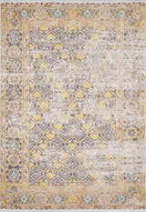 The Aged Splendor - Washable Rug - JR1906 is a vintage-style yellow-gold rug with a faded geometric and floral pattern in beige, blue, and gray. Its distressed look, detailed border, and washable design make it perfect for high-traffic areas.