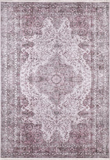 The Ancient Emblem - Washable Rug - JR200 features a rectangular shape with an ornate vintage floral pattern in muted mauve and gray, a central medallion, decorative borders, and intricate detailing—ideal for high-traffic areas.