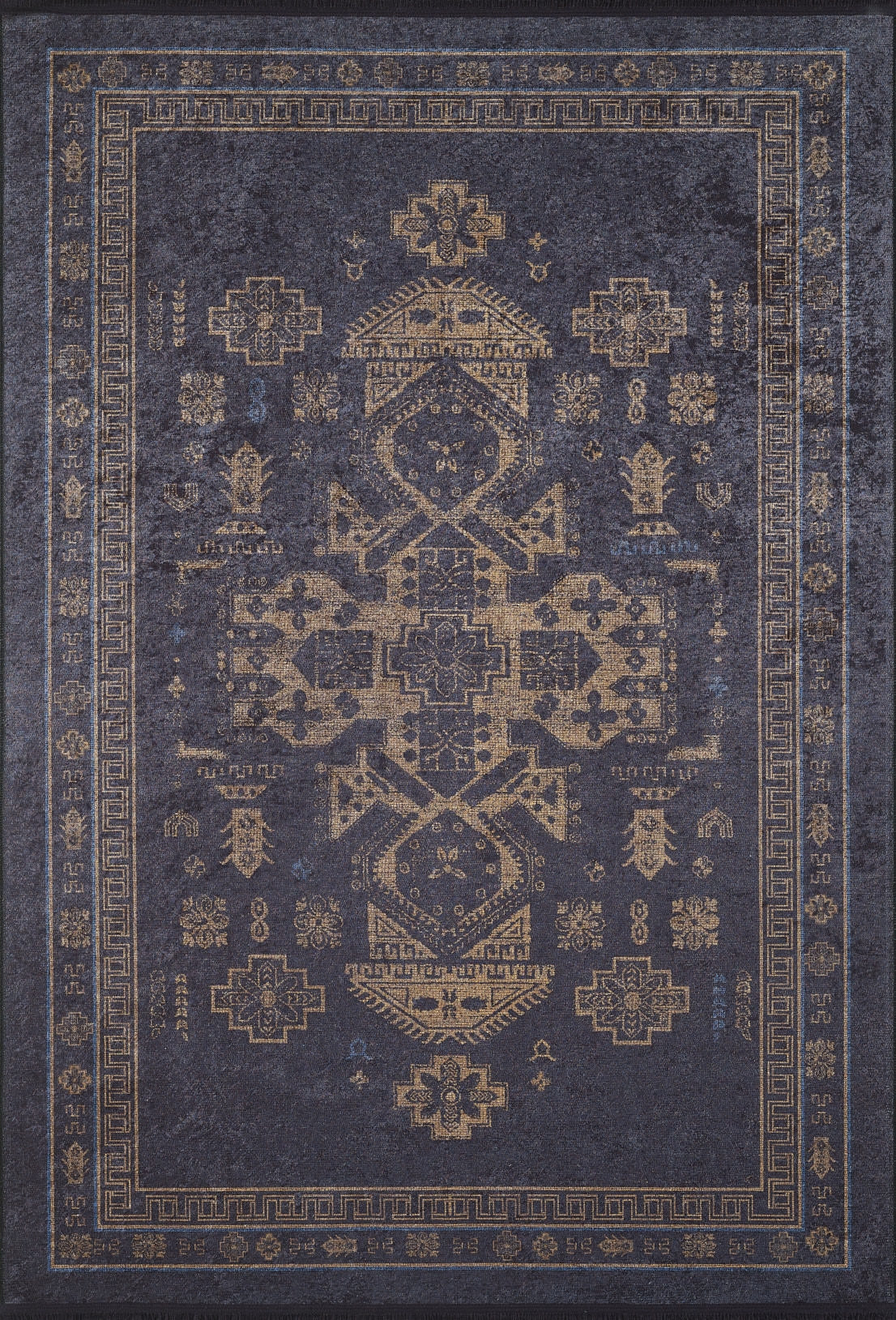 The Ancient Legacy - Washable Rug - JR1890 features dark blue tones with gold geometric and floral patterns, a decorative border, and a durable, washable design ideal for high-traffic areas. Its symmetrical style highlights traditional ornamental elements.