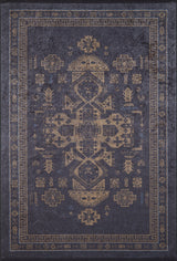 The Ancient Legacy - Washable Rug - JR1890 features dark blue tones with gold geometric and floral patterns, a decorative border, and a durable, washable design ideal for high-traffic areas. Its symmetrical style highlights traditional ornamental elements.