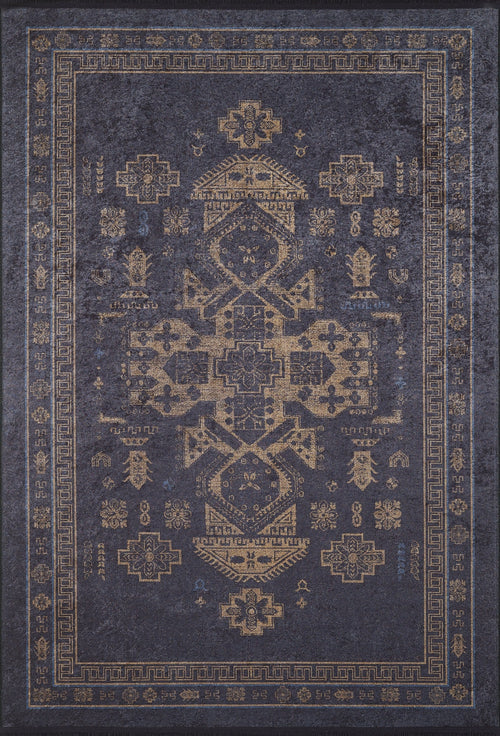 Load image 1 in gallery view. The Ancient Legacy - Washable Rug - JR1890 features dark blue tones with gold geometric and floral patterns, a decorative border, and a durable, washable design ideal for high-traffic areas. Its symmetrical style highlights traditional ornamental elements.