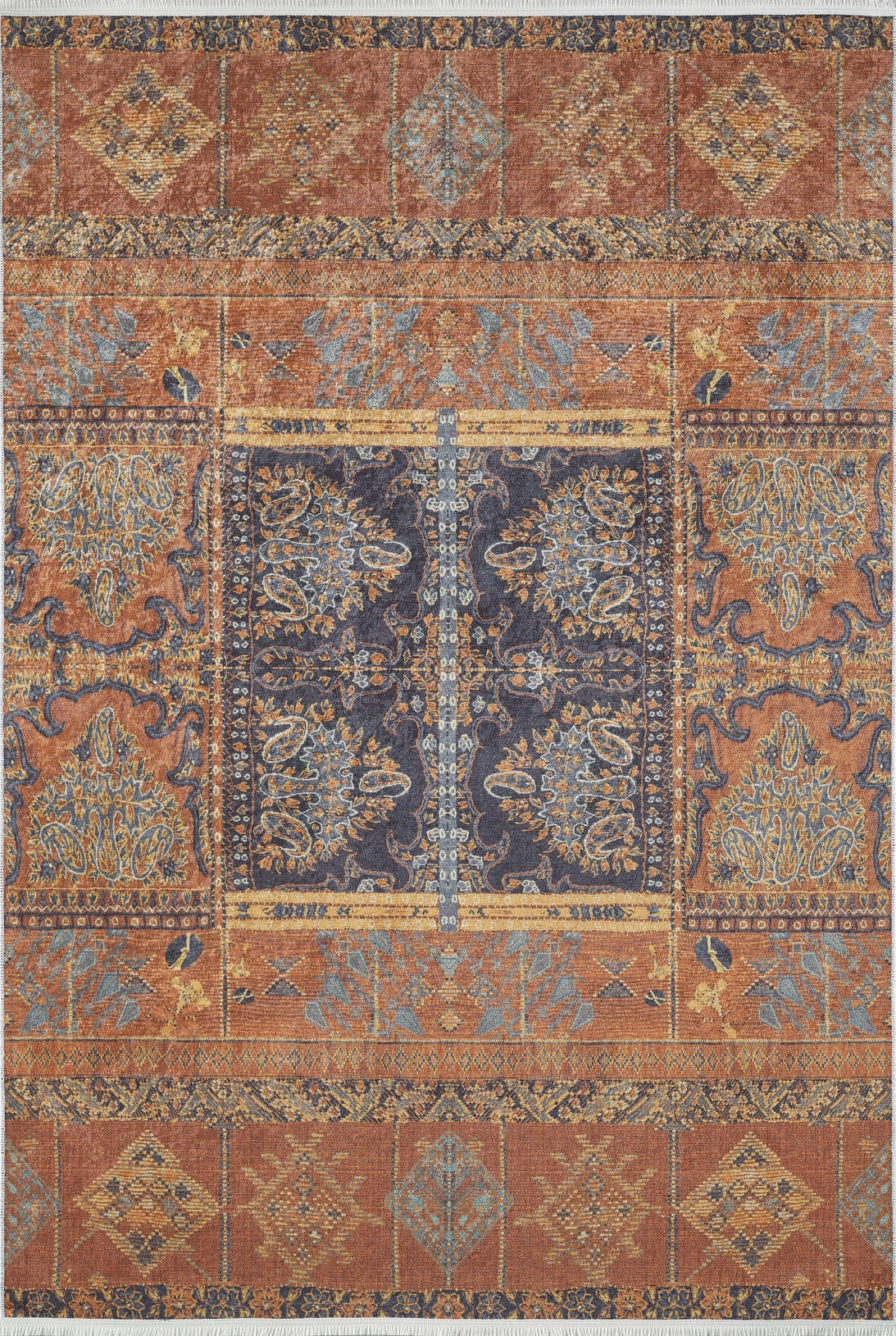 The Ancient Palace - Washable Rug - JR1864 is a durable rectangular orange rug with blue and orange designs, floral and geometric motifs, symmetrical borders, and a detailed central medallion—ideal for high-traffic areas.