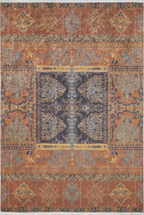 The Ancient Palace - Washable Rug - JR1864 is a durable rectangular orange rug with blue and orange designs, floral and geometric motifs, symmetrical borders, and a detailed central medallion—ideal for high-traffic areas.