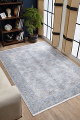 The Ancient Treasure - Washable Rug - JR1785 in light gray lies on a wooden floor in a bright room with large windows, a potted plant, beige sofa, and bookshelf—perfect for high-traffic areas.