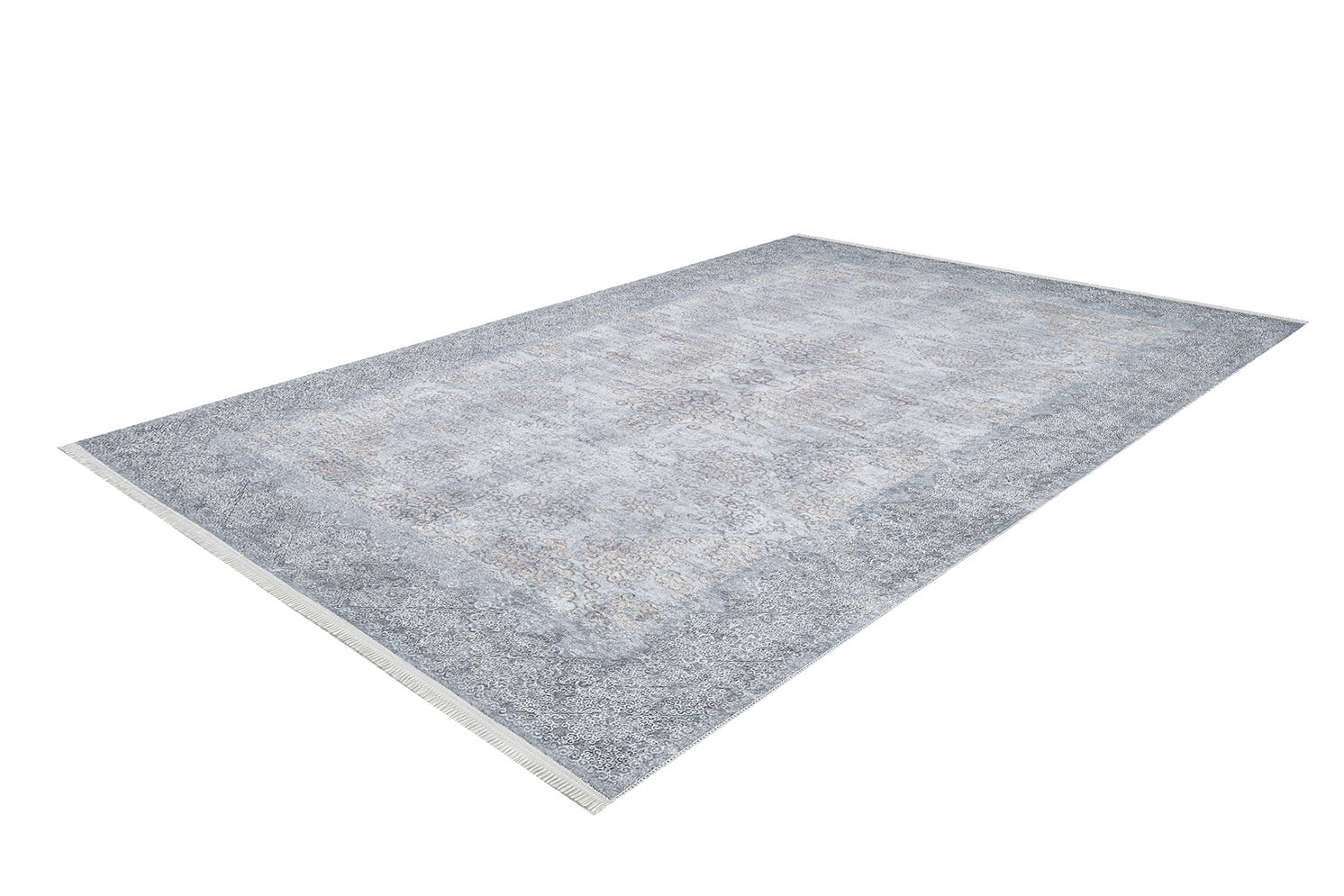 The Ancient Treasure - Washable Rug - JR1785 is a rectangular, light gray rug with a subtle textured pattern. Photographed at an angle on a white background, it shows its thin profile—perfect for high-traffic areas.