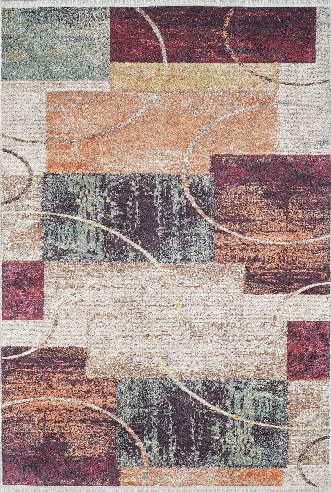 The Angular Beauty - Washable Rug (JR2002) features overlapping rectangles in beige, orange, burgundy, and teal with yellow and brown accents—ideal for adding a layered geometric touch to high-traffic spaces.