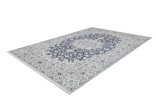 Load image 1 in gallery view. The Antique Enchantment - Washable Rug (JR1686) is a rectangular, allergy-friendly Persian-style rug featuring an intricate blue, navy, and beige floral medallion pattern on a white background.