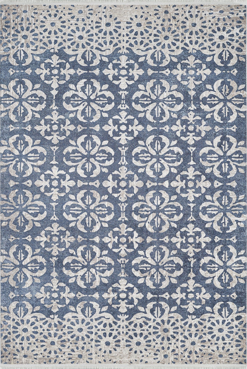 Load image 1 in gallery view. The Antique Flourish - Washable Rug - JR1591 is a blue rug with intricate white floral and geometric patterns, a decorative border, and distressed vintage details—perfect for high-traffic areas.