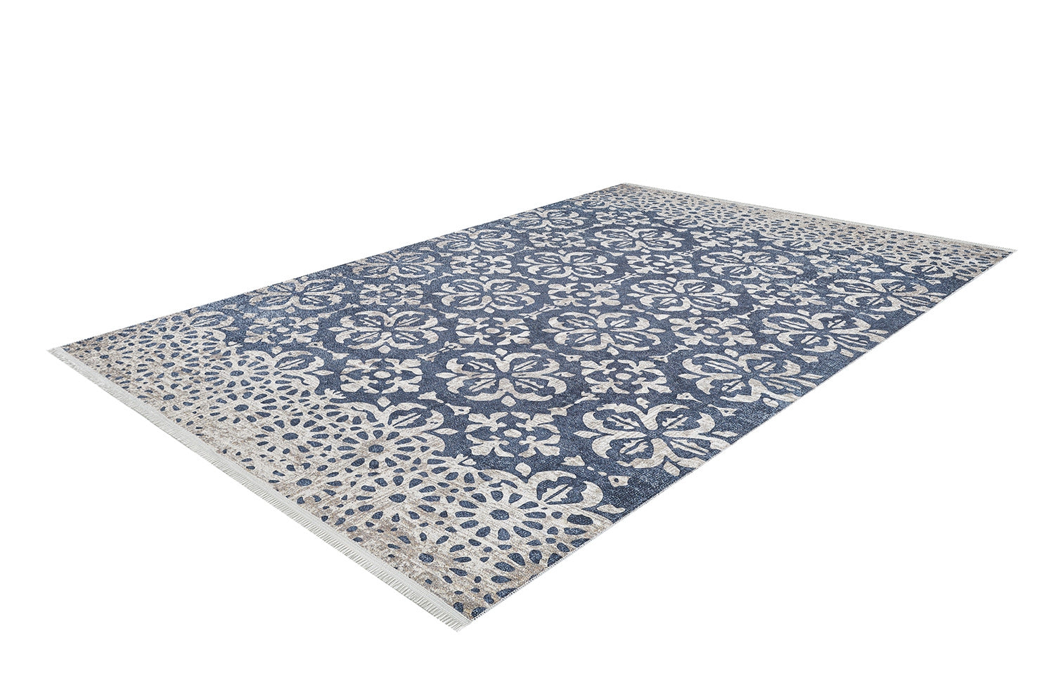The Antique Flourish - Washable Rug - JR1591 is a blue rug with white floral and geometric patterns plus a wide decorative border, ideal for high-traffic areas and easy to maintain.
