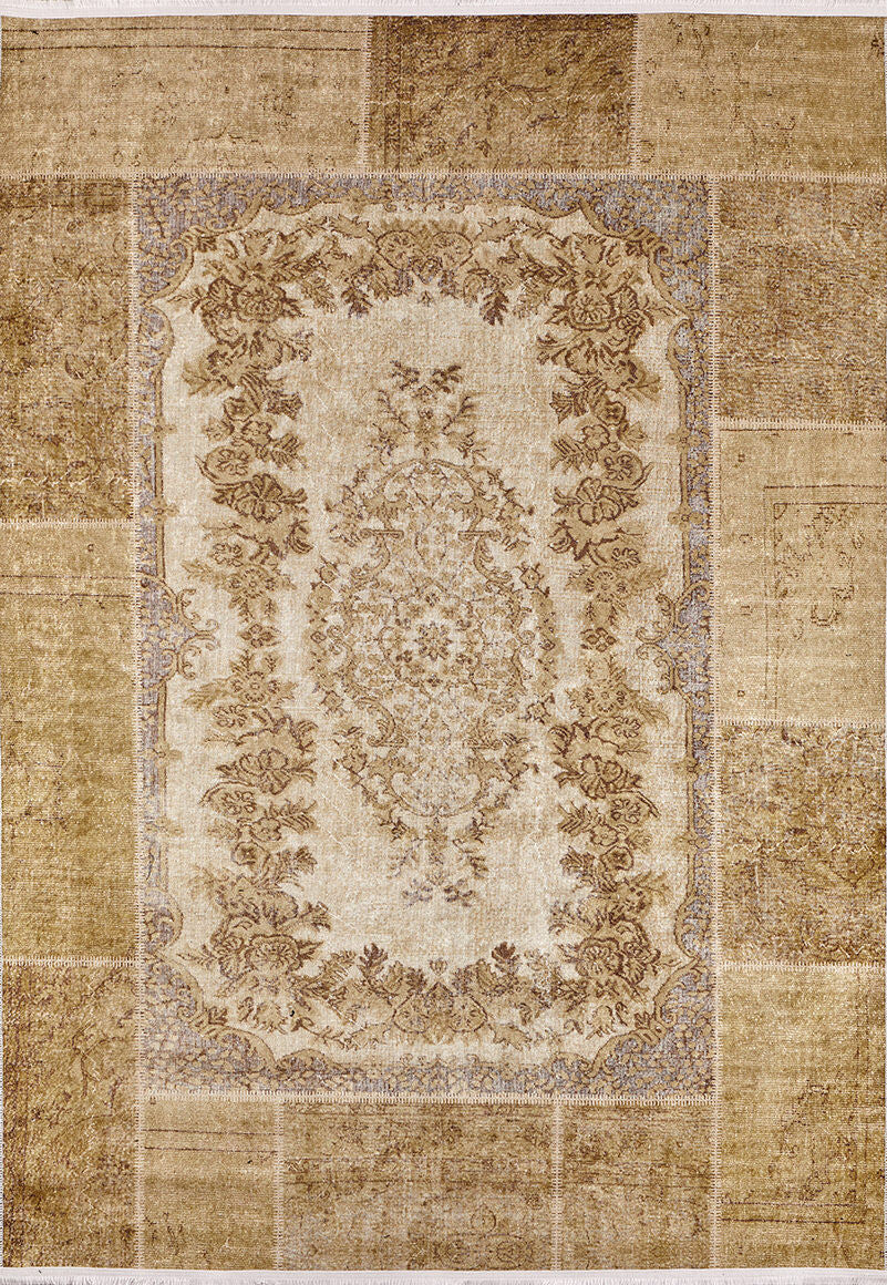 The Antique Insignia - Washable Rug - JR309 is a rectangular vintage-style rug with a central ornate floral medallion in beige and brown, plus a muted patchwork border—perfect for high-traffic areas.