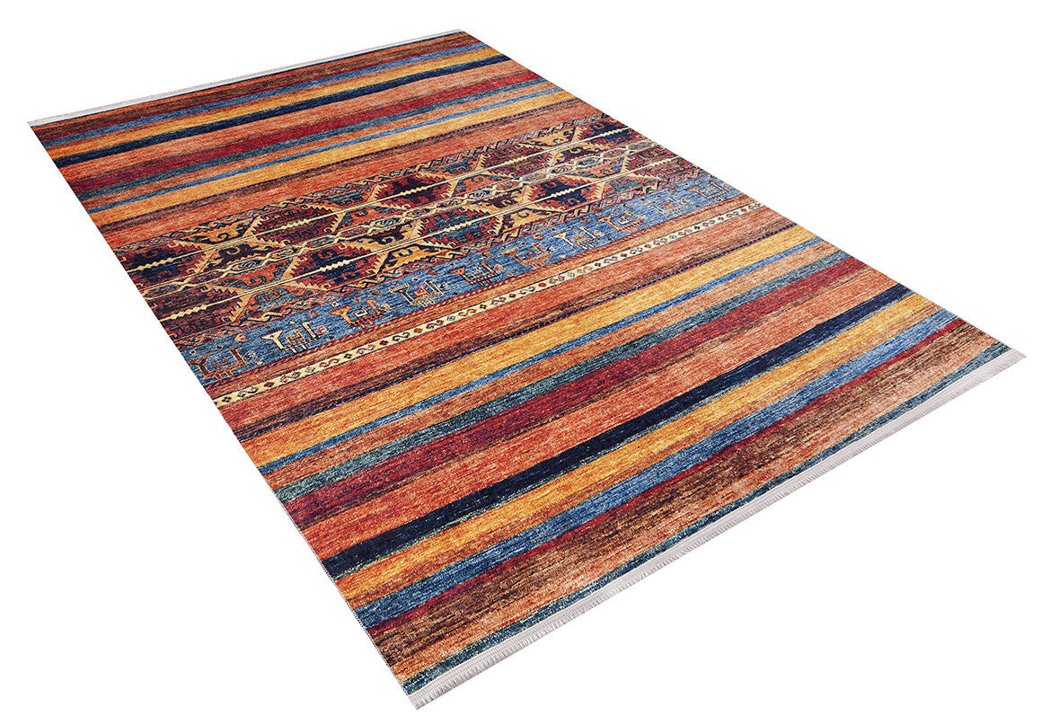 The Arctic Chill - Washable Rug - JR860 features bold horizontal stripes in red, orange, yellow, blue, and brown with a central geometric floral design. Durable and easy to clean, it's perfect for high-traffic areas. Shown on a white background.