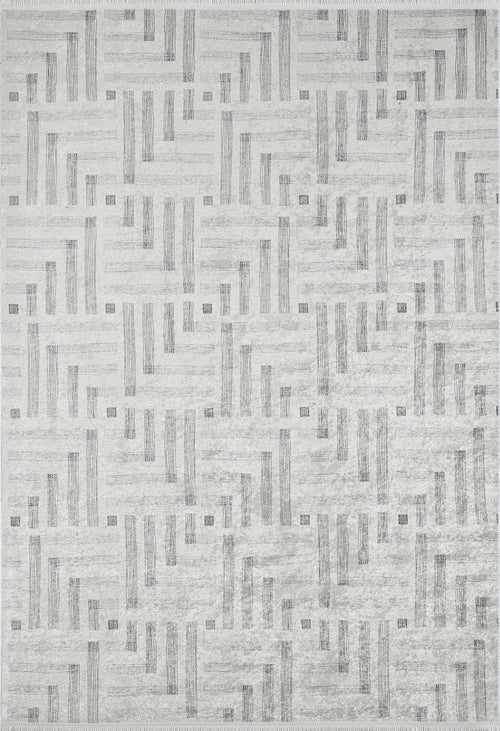 Load image 1 in gallery view. Art Deco Chic - Washable Rug - JR1832 features a light gray flat weave with intersecting lines and small squares in a modern, abstract geometric pattern for a stylish, maze-like design.