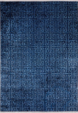 Art Deco Elegance - Washable Rug - JR1224: A rectangular blue rug with bold geometric maze patterns in varying blue shades, perfect for high-traffic areas and easy to wash.