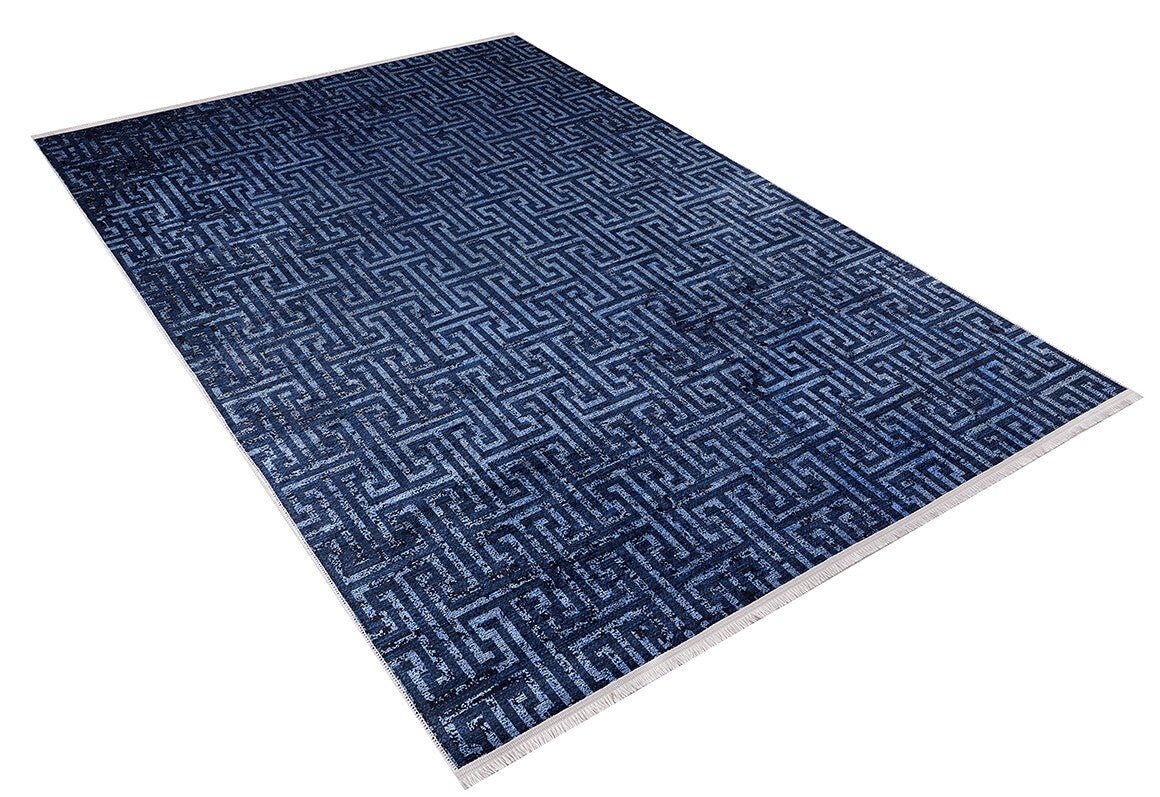 The Art Deco Elegance - Washable Rug - JR1224 is a rectangular blue rug with a dark and light blue geometric maze pattern, white background, and short white fringes on the short edges—ideal for high-traffic areas.