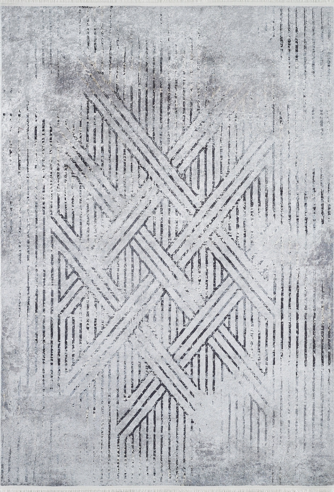 The Art Deco Empress - Washable Rug - JR1867 features a gray-anthracite geometric design with intersecting lines forming a central star motif. Its textured, mottled surface is ideal for high-traffic areas and easy to maintain.