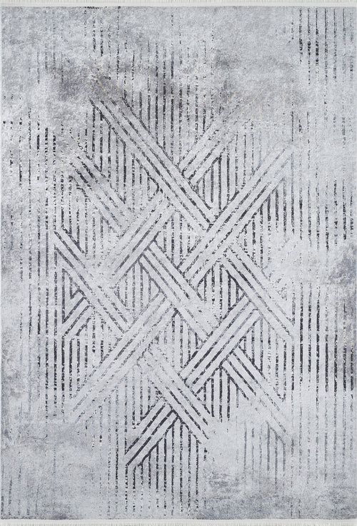 Load image 1 in gallery view. The Art Deco Empress - Washable Rug - JR1867 features a gray-anthracite geometric design with intersecting lines forming a central star motif. Its textured, mottled surface is ideal for high-traffic areas and easy to maintain.