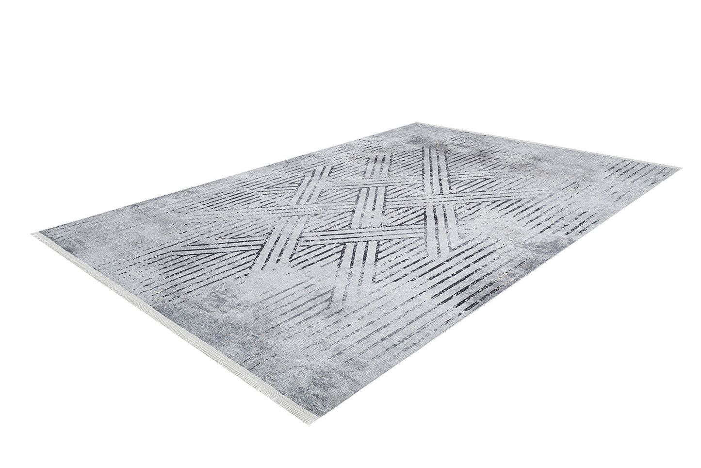 The Art Deco Empress - Washable Rug - JR1867 is a rectangular gray-anthracite rug with a modern geometric crisscross pattern, subtle textured lines, and fringed short edges—perfect for high-traffic areas.