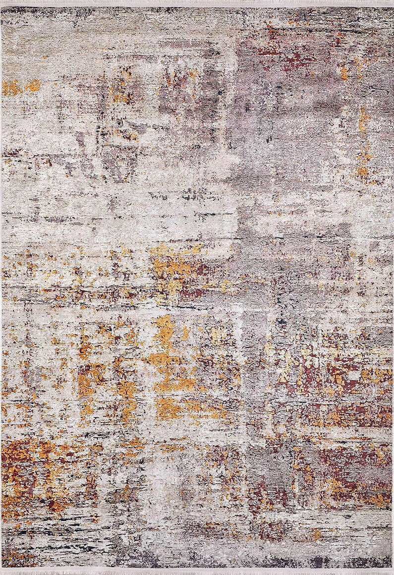 The Artistic Abstraction - Washable Rug - JR775 features an abstract, irregular textured pattern in gray, white, beige, mustard yellow, and rust tones for a modern look.