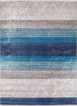 The Artistic Angles - Washable Rug - JR908 features horizontal stripes in blue, gray, and white with thick and thin bands plus subtle diamond patterns—perfect for high-traffic areas.