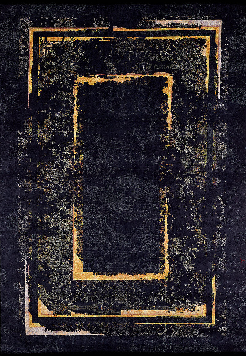 The Azure Glow - Washable Rug - JR1337 features a dark, textured black background with subtle floral patterns and overlapping golden frames, creating a layered, vintage look that's stylish and durable—ideal for high-traffic spaces. Distressed gold borders add elegant detail.