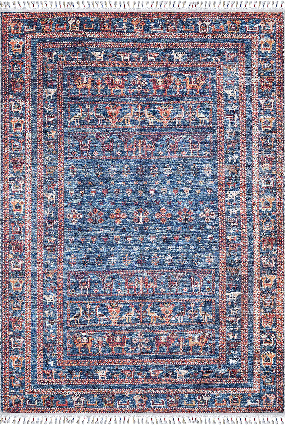 The Berber Beauty - Washable Rug - JR5092 is a rectangular blue rug with red, beige, and white geometric and animal motifs, decorative borders, and fringe on short edges—woven for durability and perfect for high-traffic areas.