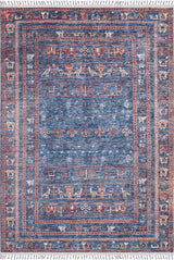 The Berber Beauty - Washable Rug - JR5092 is a rectangular blue rug with red, beige, and white geometric and animal motifs, decorative borders, and fringe on short edges—woven for durability and perfect for high-traffic areas.