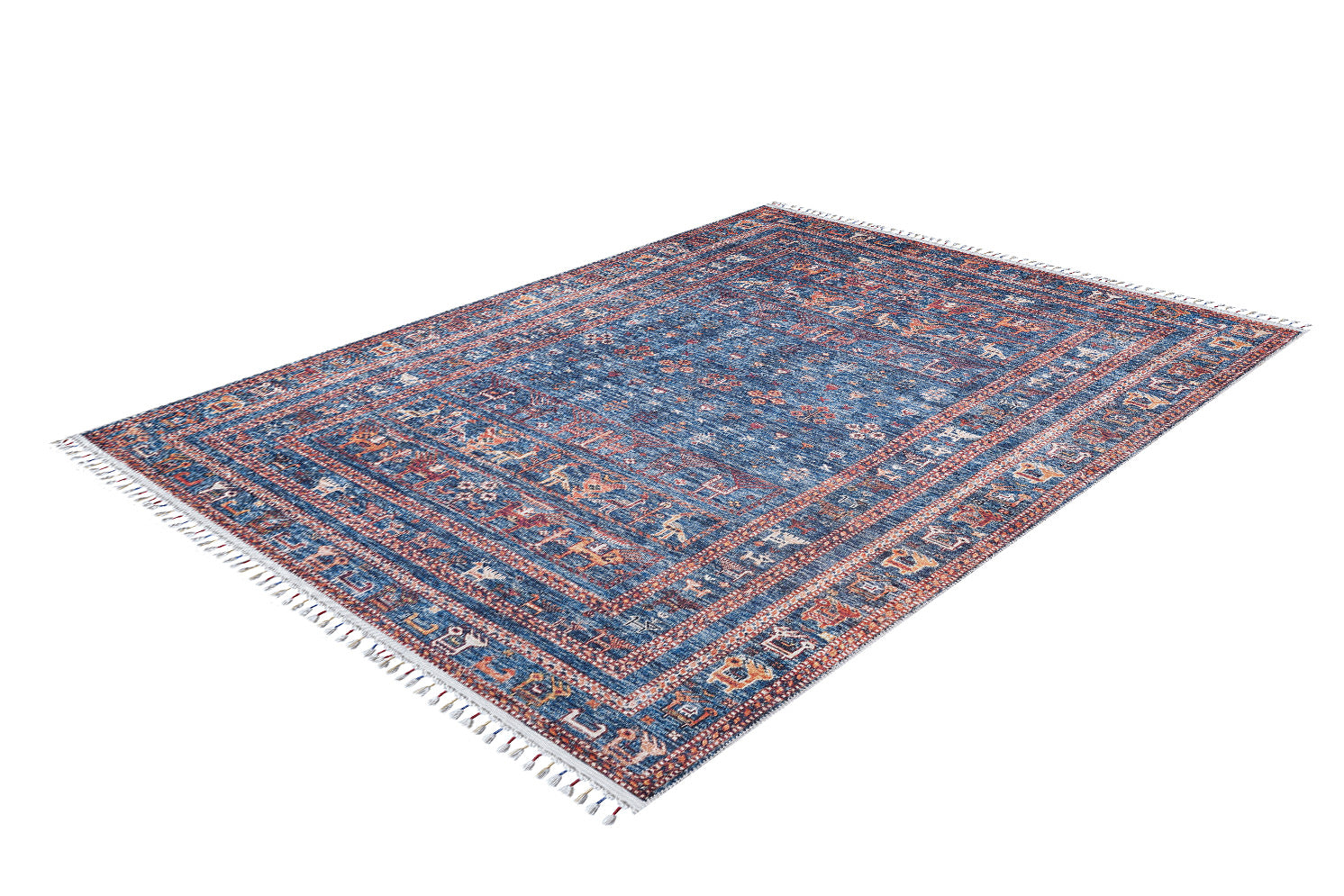 The Berber Beauty - Washable Rug - JR5092 is a rectangular blue rug featuring red, orange, and white geometric patterns, decorative borders, and white fringe—ideal for high-traffic areas and easy to clean.