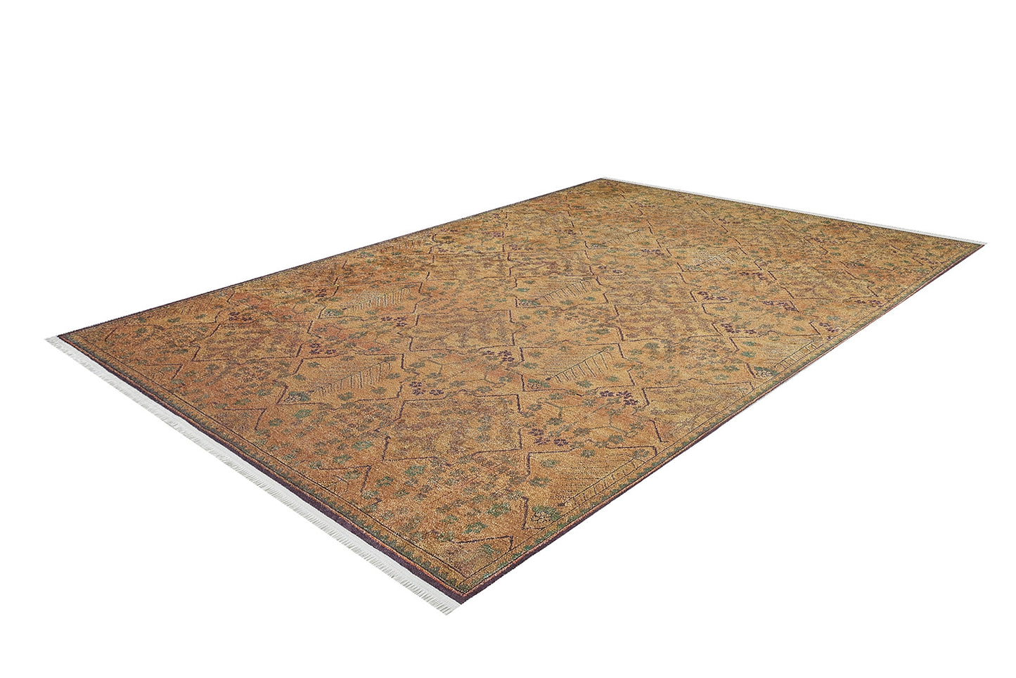 The Blossom Breeze - Washable Rug - JR1752 is a large rectangular flat weave rug featuring a detailed gold and brown floral and geometric pattern, decorative border, short white fringe on the ends, and is easy to care for as it’s washable.