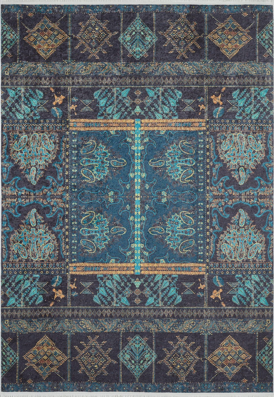 The Blossoming Bazaar - Washable Rug - JR1862 features intricate blue and teal geometric and floral patterns, highlighted with gold and turquoise on a dark blue background. Durable, washable, and perfect for high-traffic areas with ornate medallion and border details.