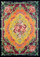 The Blossoming Garden - Washable Rug - JR150 features a flat weave design with a central bouquet of pink and red roses, multicolor patterns in yellow, orange, maroon, green floral accents, and a decorative black border.