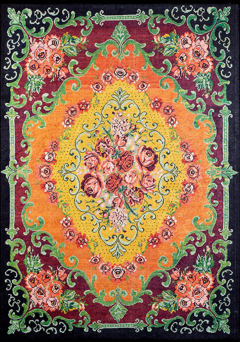 The Blossoming Garden - Washable Rug - JR150 features a flat weave design with a central bouquet of pink and red roses, multicolor patterns in yellow, orange, maroon, green floral accents, and a decorative black border.