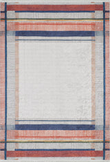The Bohemian Nightscape - Washable Rug (JR1701) features a central white area framed by red, blue, and light gray geometric patterns in a grid-like design—ideal for high-traffic spaces.