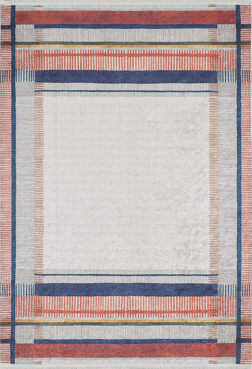 Bild 1 in Galerieansicht laden. The Bohemian Nightscape - Washable Rug (JR1701) features a central white area framed by red, blue, and light gray geometric patterns in a grid-like design—ideal for high-traffic spaces.