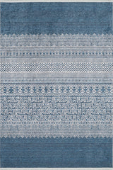 The Bohemian Retreat - Washable Rug - JR1589 showcases blue and white geometric and swirl patterns in symmetrical rows, offering decorative style and easy cleaning—ideal for high-traffic spaces.