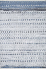 The Bohemian Reverie - Washable Rug - JR1974 (Outlet) US features a light gray background with blue and gray geometric diamond patterns, offering a modern, textured look that's perfect for high-traffic areas and adds subtle elegance to your space.