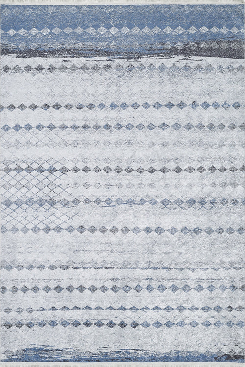 Load image 1 in gallery view. The Bohemian Reverie - Washable Rug - JR1974 (Outlet) US features a light gray background with blue and gray geometric diamond patterns, offering a modern, textured look that's perfect for high-traffic areas and adds subtle elegance to your space.