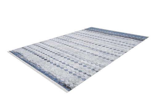 Load image 1 in gallery view. The Bohemian Reverie - Washable Rug - JR1974 (Outlet) US is a rectangular, gray-anthracite rug with blue and gray geometric diamond and stripe designs on white—stylish, easy to maintain, and ideal for high-traffic areas.
