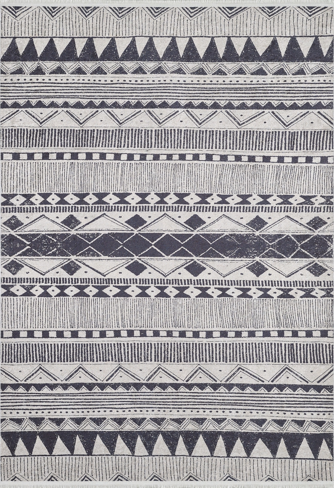 The Bohemian Sunrise - Washable Rug (JR1713) features a black and white geometric design with triangles, diamonds, zigzags, lines, and dots—perfect for high-traffic areas in your home.