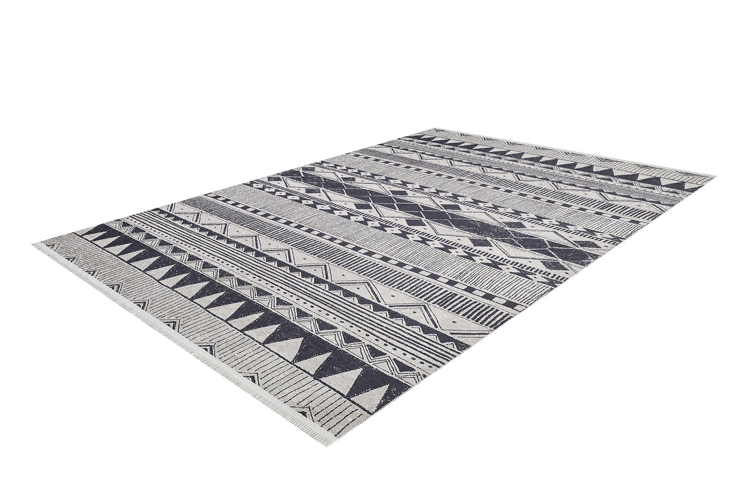 The Bohemian Sunrise - Washable Rug - JR1713 features a black and white geometric pattern with triangles, diamonds, and lines. Stylish and convenient for high-traffic areas, this rectangular rug is shown on a white background.