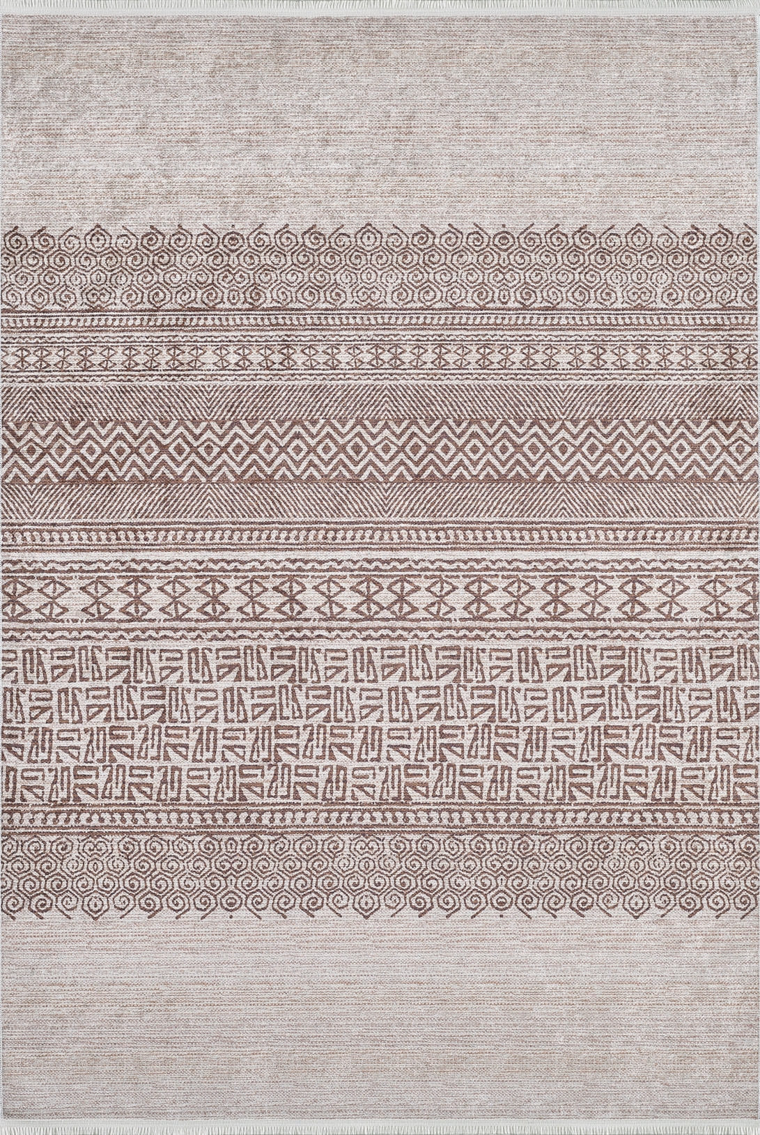 The Bohemian Treasure - Washable Rug - JR1586 features beige and brown horizontal bands with geometric and ornate patterns—spirals, diamonds, and abstract motifs—creating an intricate design ideal for high-traffic areas.