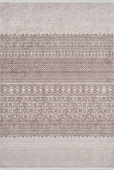 The Bohemian Treasure - Washable Rug - JR1586 features beige and brown horizontal bands with geometric and ornate patterns—spirals, diamonds, and abstract motifs—creating an intricate design ideal for high-traffic areas.