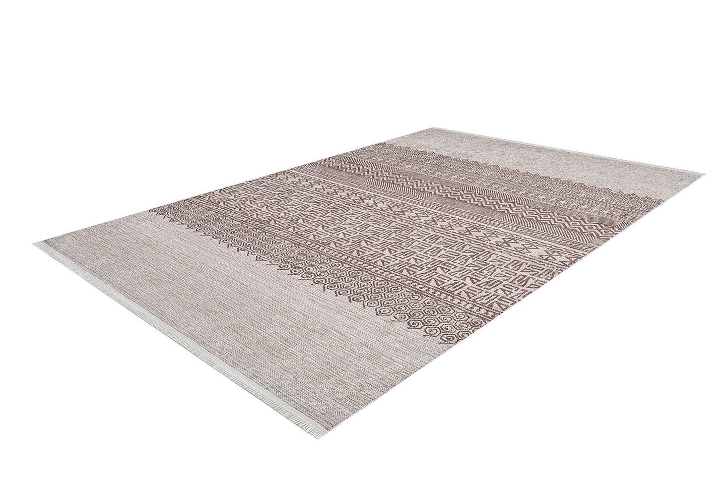The Bohemian Treasure - Washable Rug - JR1586 is a rectangular beige rug with brown geometric and tribal patterns, subtle fringe on the short edges, and horizontal detailing—ideal for high-traffic areas and easy to clean.