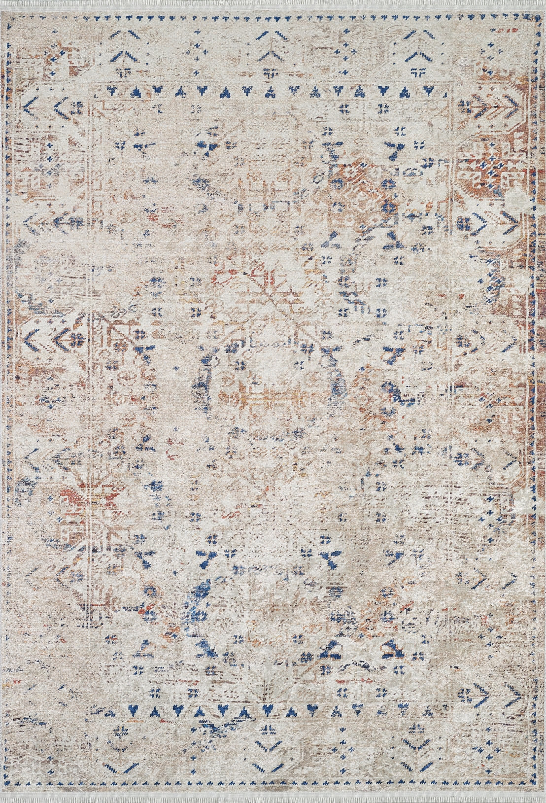 The Boho Babe - Washable Rug - JR1664 (Outlet) US features a distressed, vintage-inspired flat weave in beige, blue, and rust with geometric and floral patterns. Classic charm meets easy care in this stylish, washable area rug.