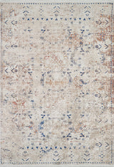 The Boho Babe - Washable Rug - JR1664 (Outlet) US features a distressed, vintage-inspired flat weave in beige, blue, and rust with geometric and floral patterns. Classic charm meets easy care in this stylish, washable area rug.