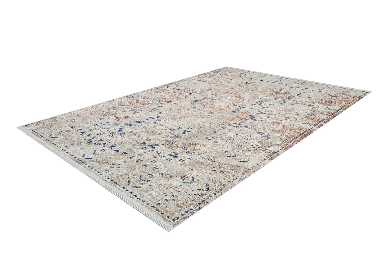 The Boho Babe - Washable Rug - JR1664 (Outlet) US features a rectangular, flat weave design with a distressed, vintage-style cream and beige pattern and blue accents on a white background.