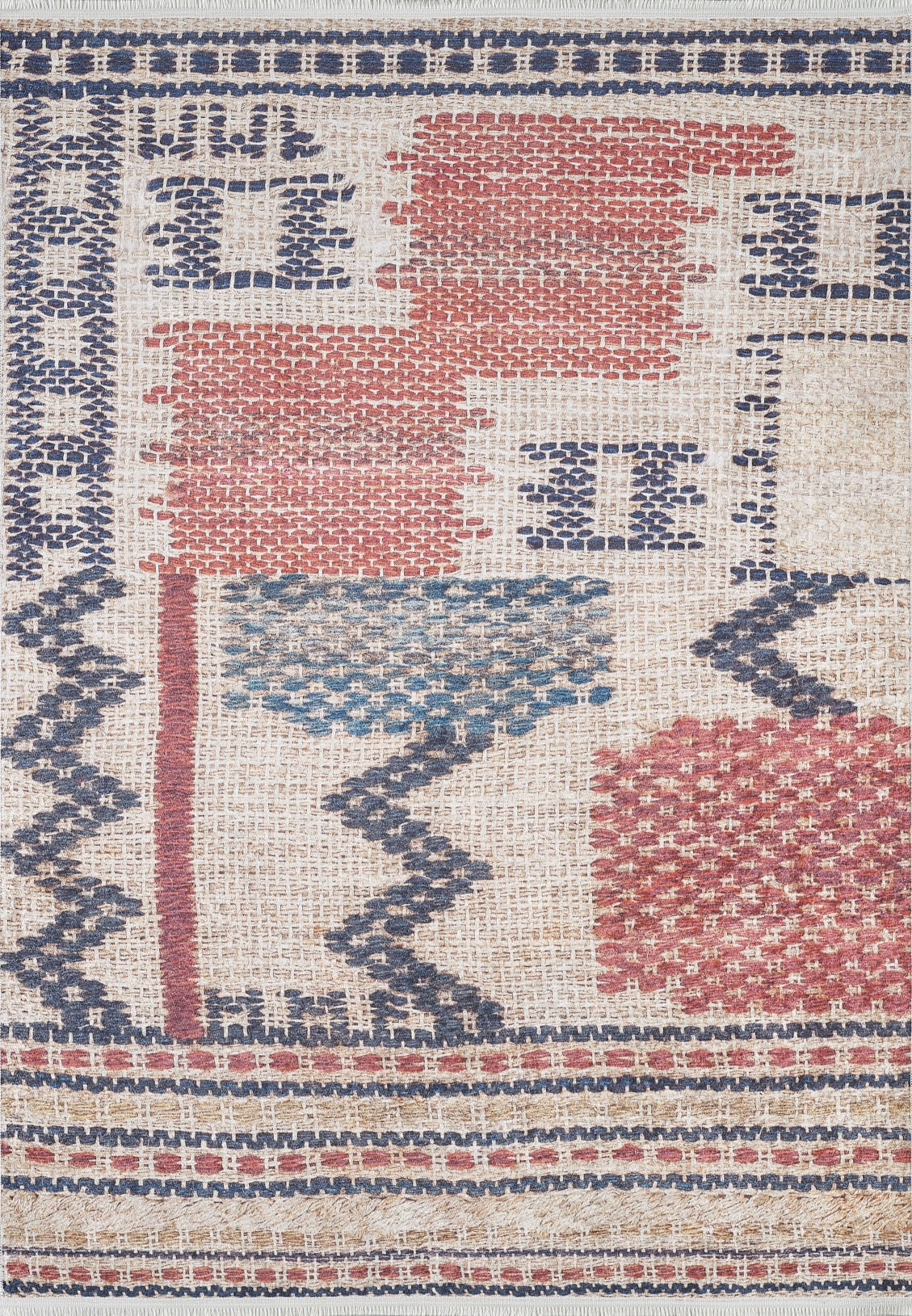 The Boho Bliss - Washable Rug - JR1723 features a flat weave with geometric patterns in red, blue, and beige, including rectangles, squares, zigzag lines, and a grid border for a textured, hand-crafted look.
